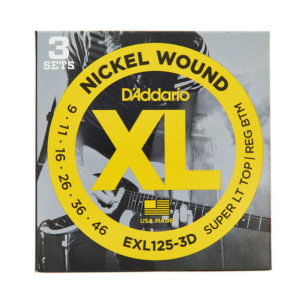 D'Addario EXL125-3D - 3 Pack Nickel Wound Electric Strings, Super Light Top/ Regular Bottom (9-46)(DAddario/EXL125)
