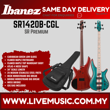 Ibanez SR1420B-CGL Sr Premium Series Electric Bass, Caribbean Green Low Gloss ( SR1420B CGL / SR1420BCGL )