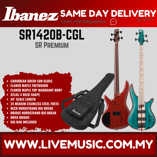 Ibanez SR1420B-CGL Sr Premium Series Electric Bass, Caribbean Green Low Gloss ( SR1420B CGL / SR1420BCGL )