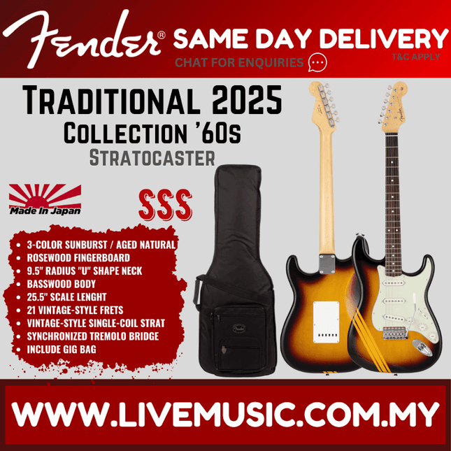 Fender Japan Traditional 2025 Collection 60s Stratocaster Guitar, 3-Tone Sunburst/Aged Natural