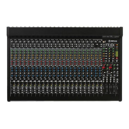 24-channel analog mixer front panel with dense input jacks, knobs, and fader bank