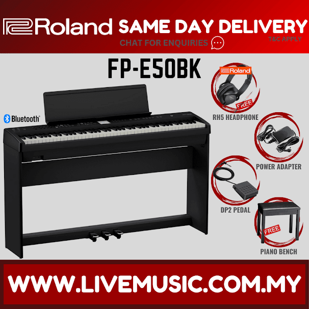 Roland FP-E50 88-key Digital Piano Home Package with RH-5 Headphone and Piano Bench - Black ( FPE50 / FP E50 )