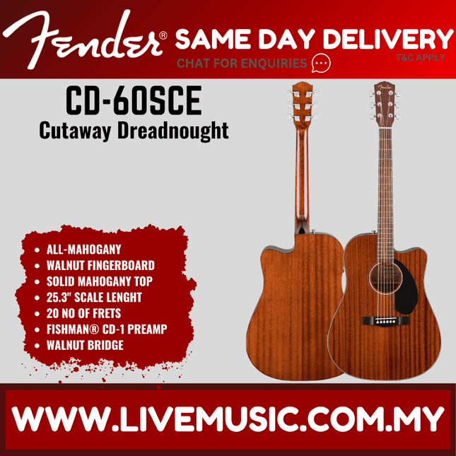 All-mahogany acoustic-electric dreadnought guitar with cutaway and dark wood fretboard.