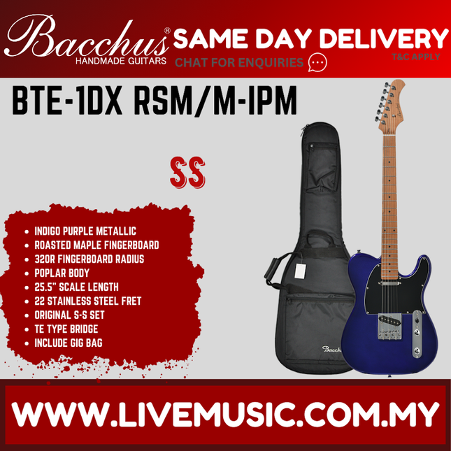 Bacchus BTE-1DX-RSM/M-IPM Universe Series Roasted Maple Electric Guitar, Indigo Purple Metallic ( BTE1DXRSMM / BTE 1DX RSMM )