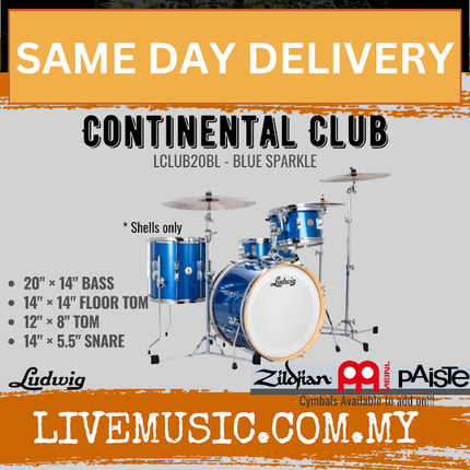 Ludwig LCLUB20BL Continental Club 4-Piece Drum Kit(20B+14F+12T+14S), Blue Sparkle