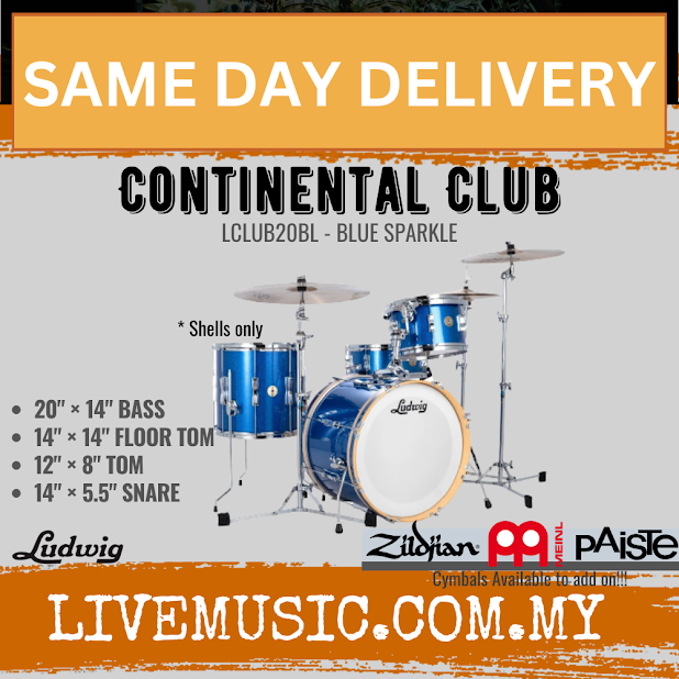 Ludwig LCLUB20BL Continental Club 4-Piece Drum Kit(20B+14F+12T+14S), Blue Sparkle