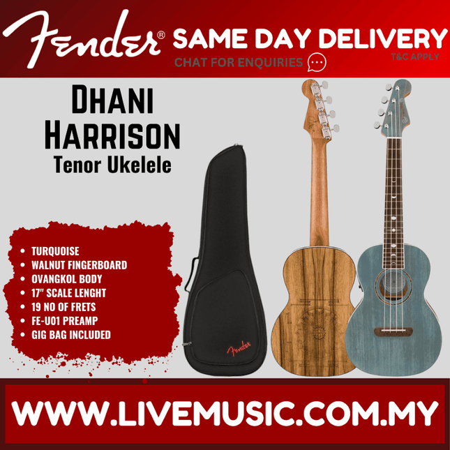 Fender Dhani Harrison Ukulele, Walnut FB, Turquoise