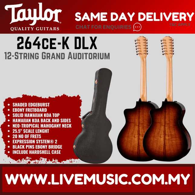12-string acoustic-electric guitar with sunburst koa finish and black padded case