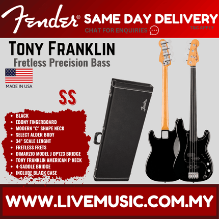 Fender Tony Franklin Fretless Precision Bass Guitar, Ebony FB, Black