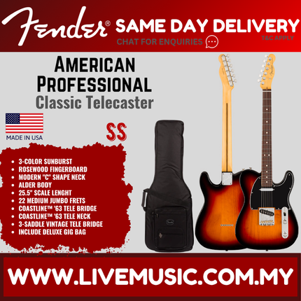 Fender American Professional Classic Telecaster Electric Guitar, RW FB, 3-Color Sunburst