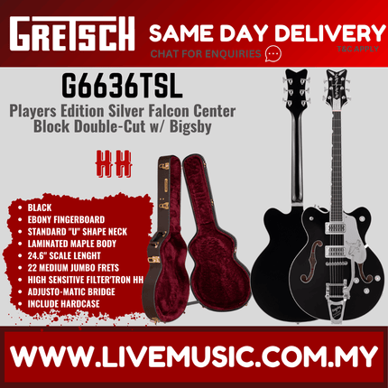 Gretsch G6636TSL Players Edition Silver Falcon Center Block Double Cut w/Bigsby Electric Guitar, Black