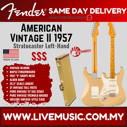Fender American Vintage II 57 Stratocaster Left-Handed Electric Guitar, Maple FB, Vintage Blonde