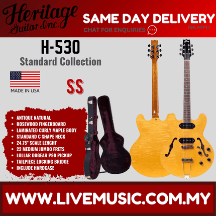 Heritage Standard H-530 Hollow Electric Guitar with Case, Antique Natural ( H530 / H 530 )