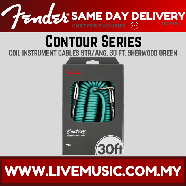 30ft coil instrument cable in Sherwood Green with metallic ends, Contour Series