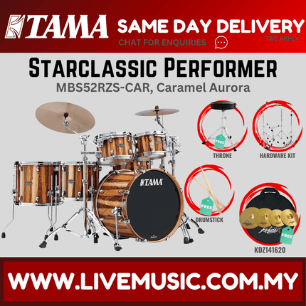 5-piece drum set with cymbals, caramel wood shells and black bass drum head