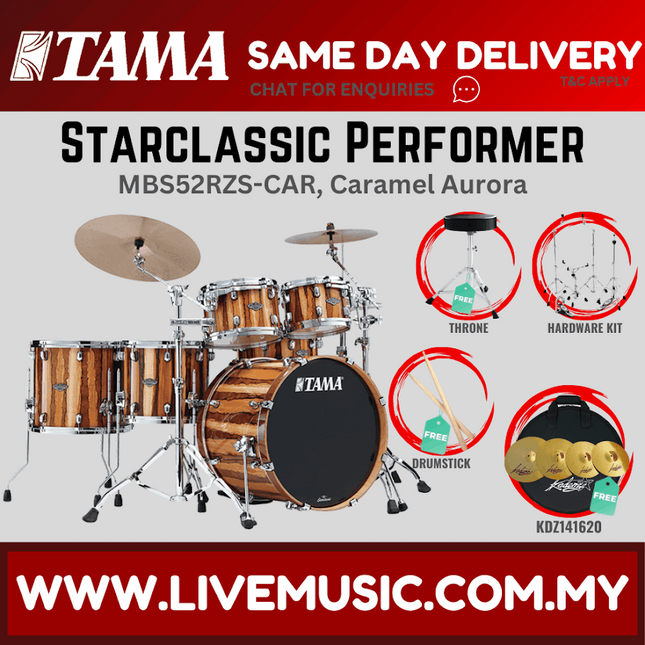 5-piece drum set with cymbals, caramel wood shells and black bass drum head