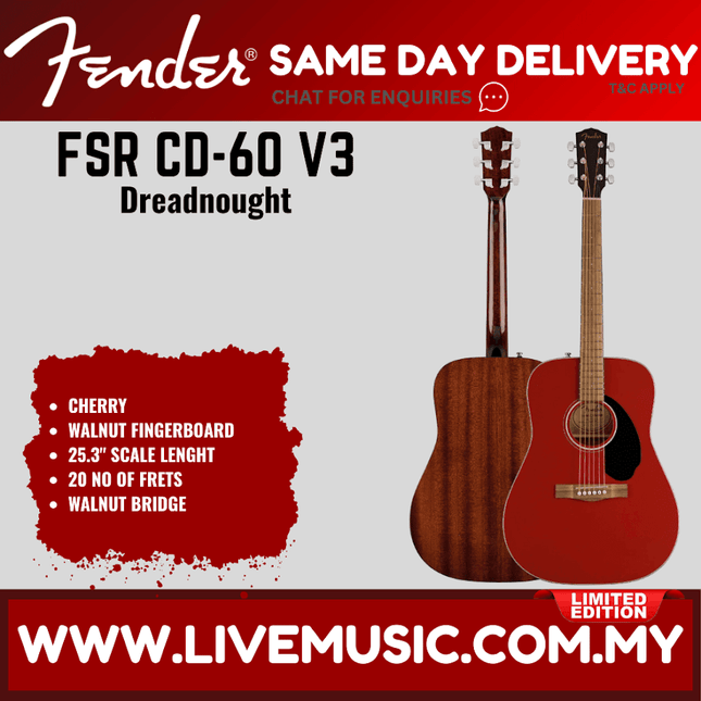 Fender FSR CD-60 V3 Dreadnought Acoustic Guitar, Cherry ( CD 60 / CD60 )