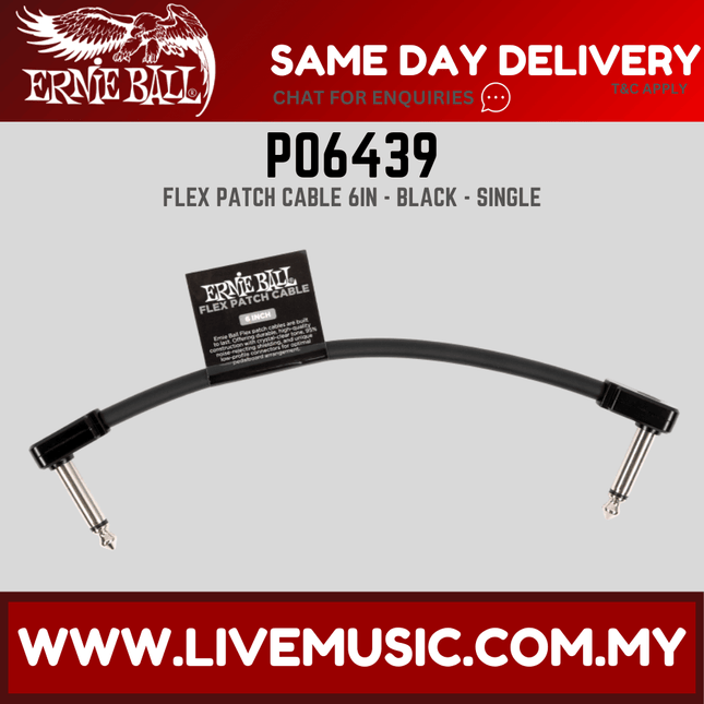 Ernie Ball P06439 FLEX Instrument Patch Cable 6 Inch Single, Black