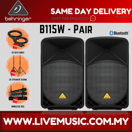 Behringer Eurolive B115W 1000W 15" Powered Speaker w/Wireless Mic,Speaker Stand & Cable - Each / Pair ( B-115W B 115W )