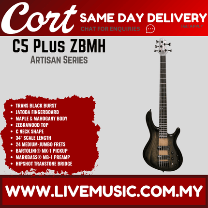 Cort C5 Plus ZBMH Electric Bass Guitar Rosewood Fretboard with Bag - Trans Black Burst