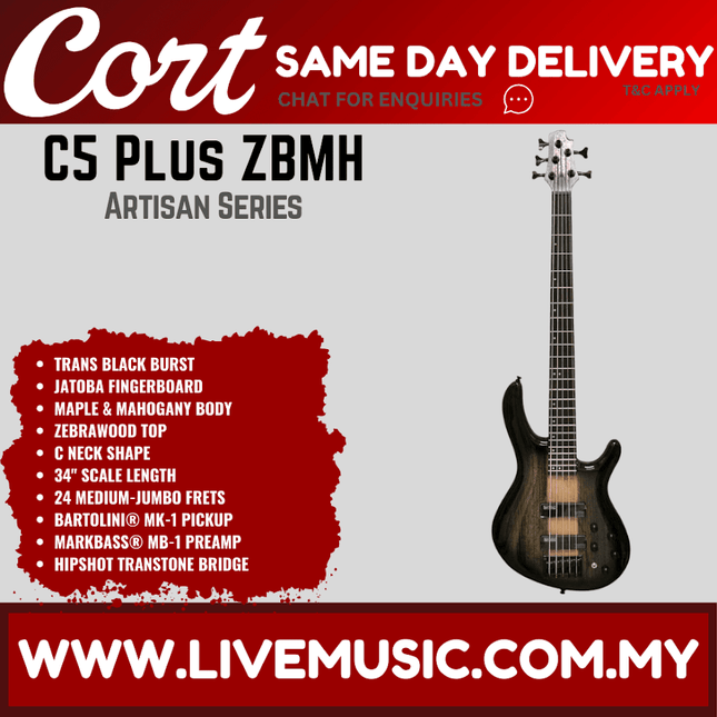 Cort C5 Plus ZBMH Electric Bass Guitar Rosewood Fretboard with Bag - Trans Black Burst