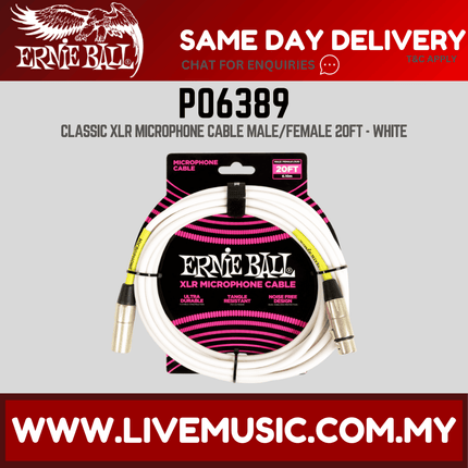 Ernie Ball 6389 XLRM-XLRF Microphone Cable, 20′, White