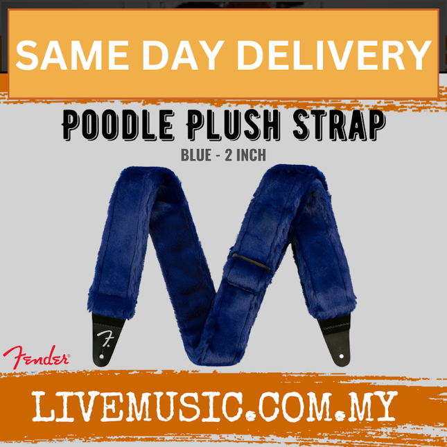 Poodle plush guitar strap, blue fuzzy fabric with leather ends, 2-inch width