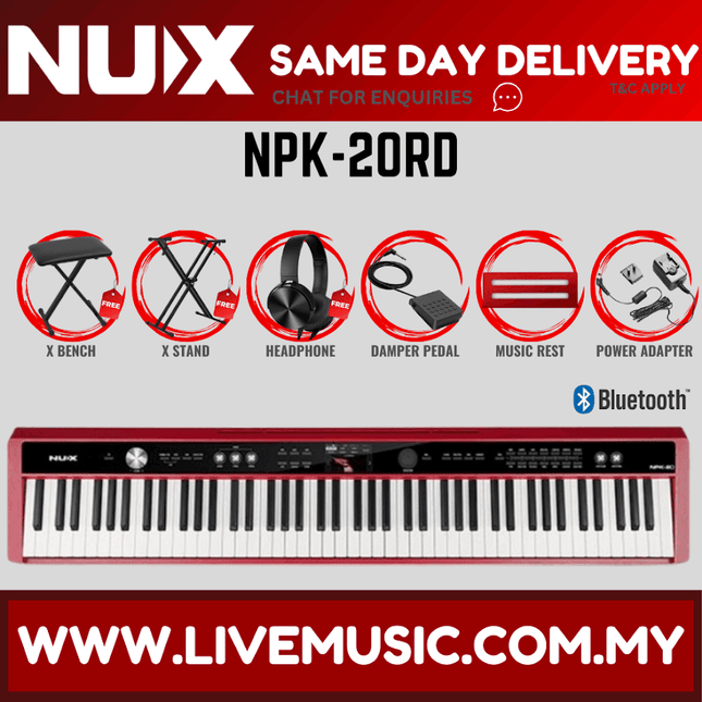 NUX NPK-20 88-Key Portable Digital Piano w/Piano Stand, Keyboard Bench And Sustain/3  pedal -Red ( NPK 20 / NPK20 )
