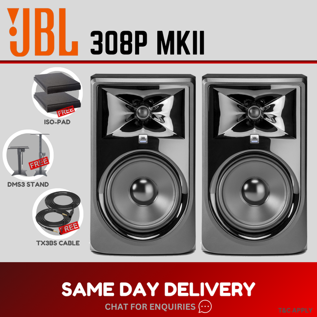 JBL powered studio monitor pair, black monitors with 8-inch woofer and tweeter