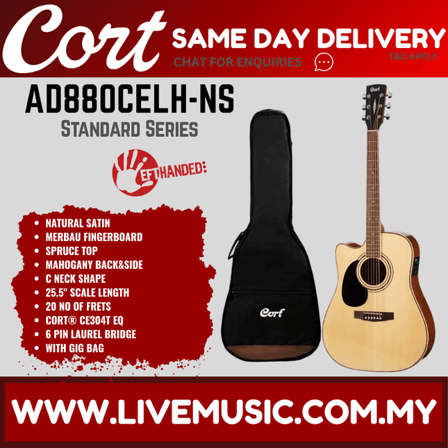 Cort AD880CE - Left-Handed Acoustic-Electric Guitar with Gig Bag - Natural Satin (AD 880CE/AD-880CE)