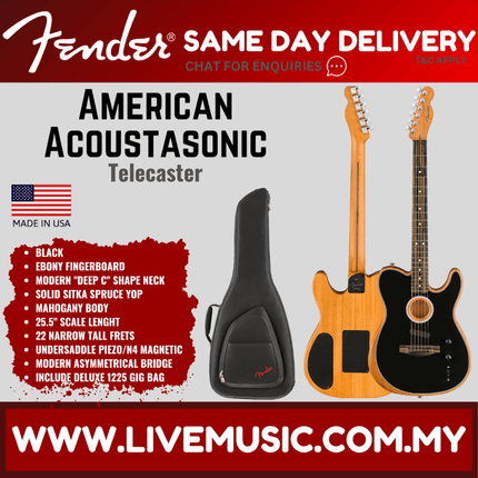 Fender American Acoustasonic Telecaster Guitar Ebony Fretboard with Bag - Black