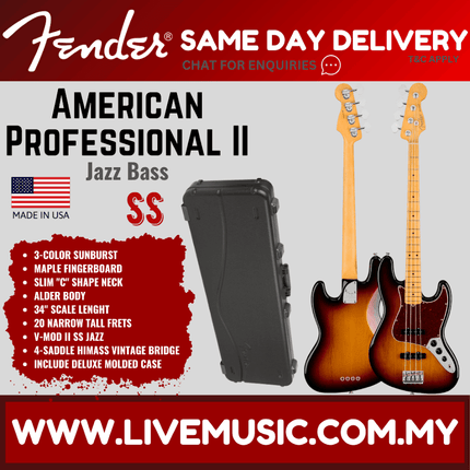 Fender American Professional II Jazz Bass Electric Guitar, Maple Fretboard - 3-Tone Sunburst