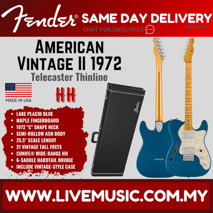 Fender American Vintage II 72 Telecaster Thinline Electric Guitar, Maple FB, Lake Placid Blue