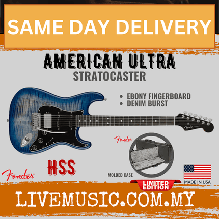 Fender American Ultra Limited Edition HSS Stratocaster Electric Guitar, Ebony FB, Denim Burst