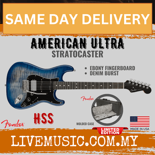 Fender American Ultra Limited Edition HSS Stratocaster Electric Guitar, Ebony FB, Denim Burst