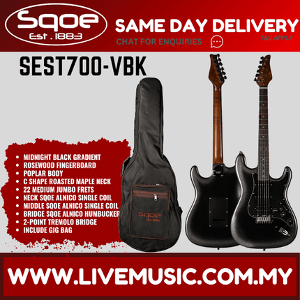 SQOE SEST700 Stratocaster HSS Electric Guitar w/Gig Bag, Maple FB - Midnight Black Gradient ( SEST-700 / SEST 700 )