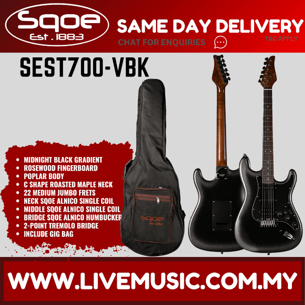 SQOE SEST700 Stratocaster HSS Electric Guitar w/Gig Bag, Maple FB - Midnight Black Gradient ( SEST-700 / SEST 700 )