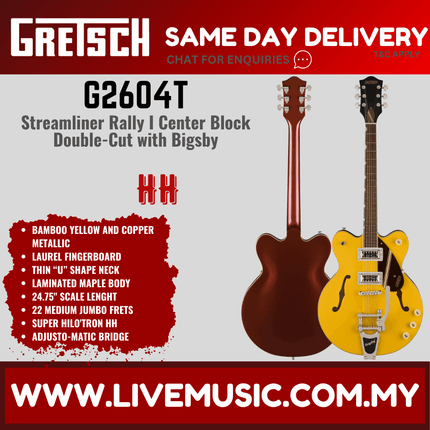 Bamboo Yellow electric guitar with copper hardware, center block, double-cut body