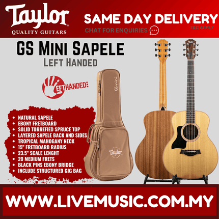 Taylor GS Mini Left-Handed Acoustic Guitar w/Bag, Natural Sapele