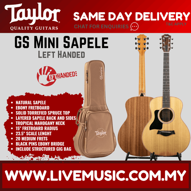 Taylor GS Mini Left-Handed Acoustic Guitar w/Bag, Natural Sapele