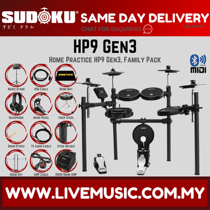 Sudoku Home Practice HP9 Gen 3 Mesh Black Electronic Drum Set With Accessories ( HP 9 HP-9 )