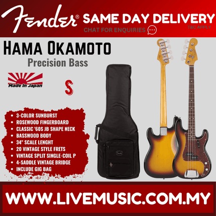 Fender Japan Hama Okamoto Signature Precision Bass Guitar, Rosewood Fretboard with Free GigBag - 3-Color Sunburst