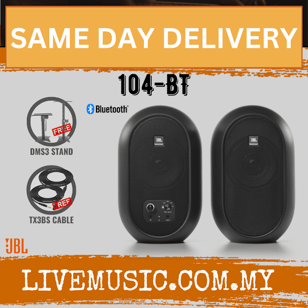 Pair of black JBL compact powered desktop Bluetooth monitors with DMS3 stand and cable icons