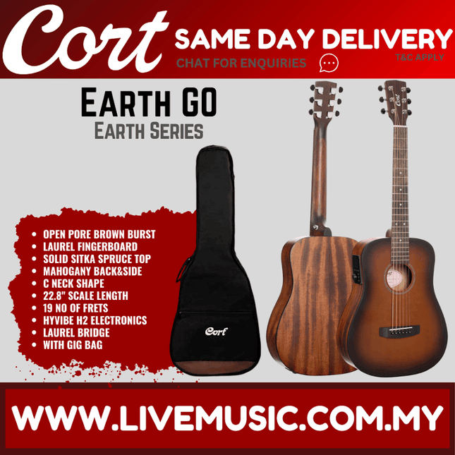 Cort Earth GO OPBB Solid Sitka Acoustic Electric Guitar w/ Gig Bag - Open Pore Brown Burst