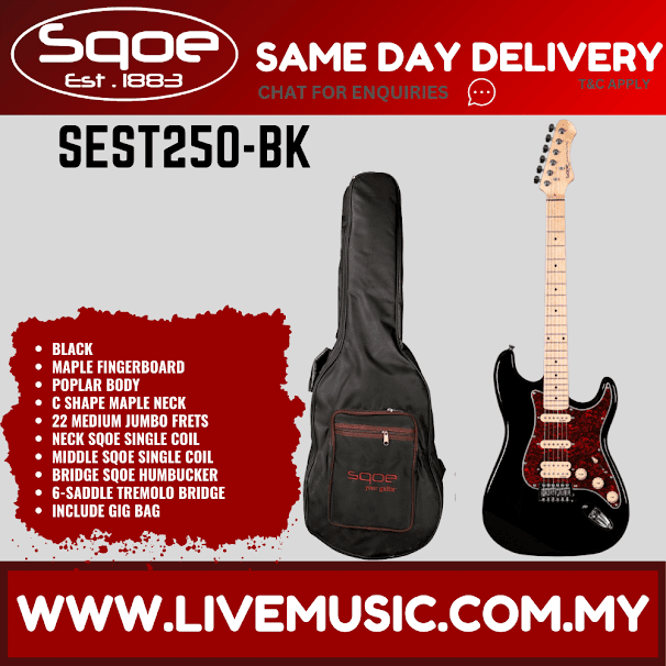 SQOE SEST250 Stratocaster HSS 6-String Electric Guitar w/Gig Bag, Rosewood FB - Black ( SEST 250 / SEST-250 )