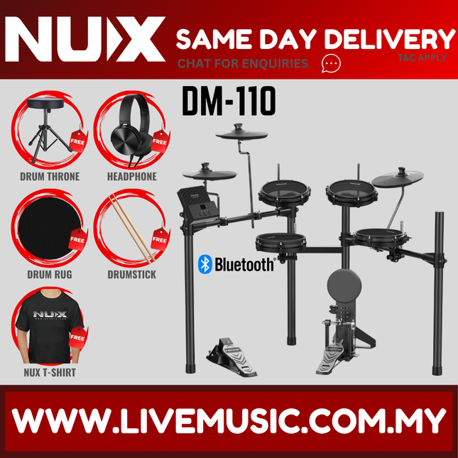 5-piece digital electronic drum set with kick pedal and Bluetooth module shown.