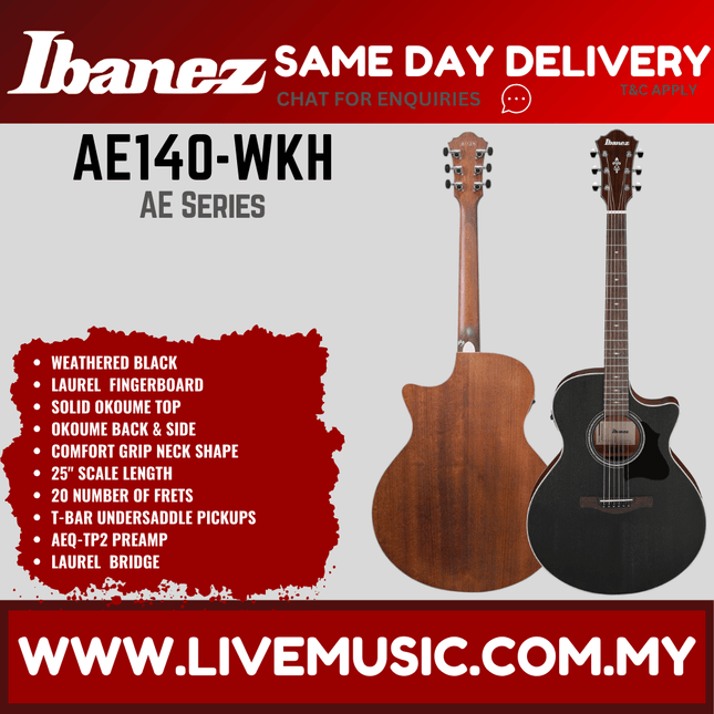 Ibanez AE140-WKH AE Series Acoustic Electric Guitar - Weathered Black Open Pore Top ( AE140 WKH / AE140WKH )