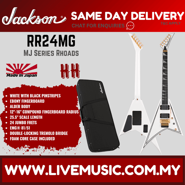 Jackson MJ Series Rhoads RR24 MG Electric Guitar, Ebony FB, White/Black Pinstripes