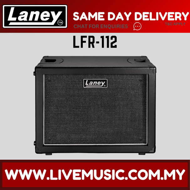 Black Laney FRFR powered speaker cabinet with textured grille and side carry handles