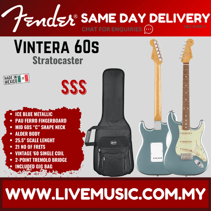 Fender Vintera 60s Stratocaster Electric Guitar, Pau Ferro Fretboard with Bag - Ice Blue Metallic